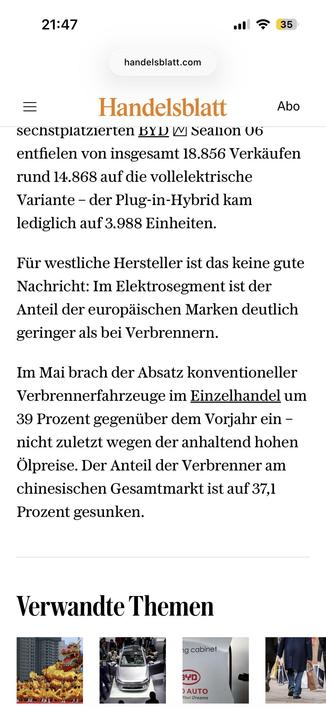 Für westliche Hersteller ist das keine gute Nachricht: Im Elektrosegment ist der Anteil der europäischen Marken deutlich geringer als bei Verbrennern.
Im Mai brach der Absatz konventioneller Verbrennerfahrzeuge im Einzelhandel um
39 Prozent gegenüber dem Vorjahr ein - nicht zuletzt wegen der anhaltend hohen Ölpreise. Der Anteil der Verbrenner am chinesischen Gesamtmarkt ist auf 37,1 Prozent gesunken.