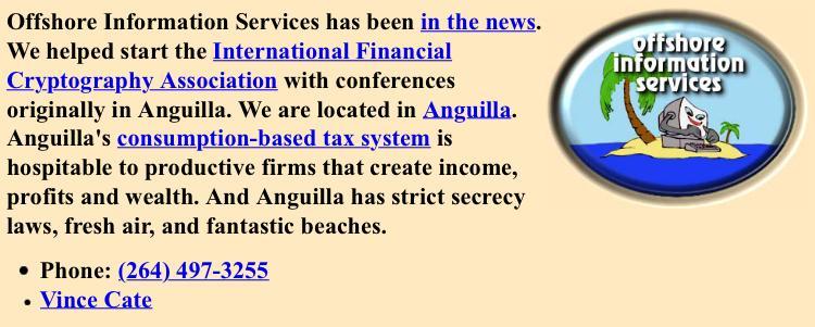 A screenshot of the “Offshore Information Services” website (www.offshore.ai). It is an extremely basic site with only a beige background, some text, a few links, and the company’s logo.