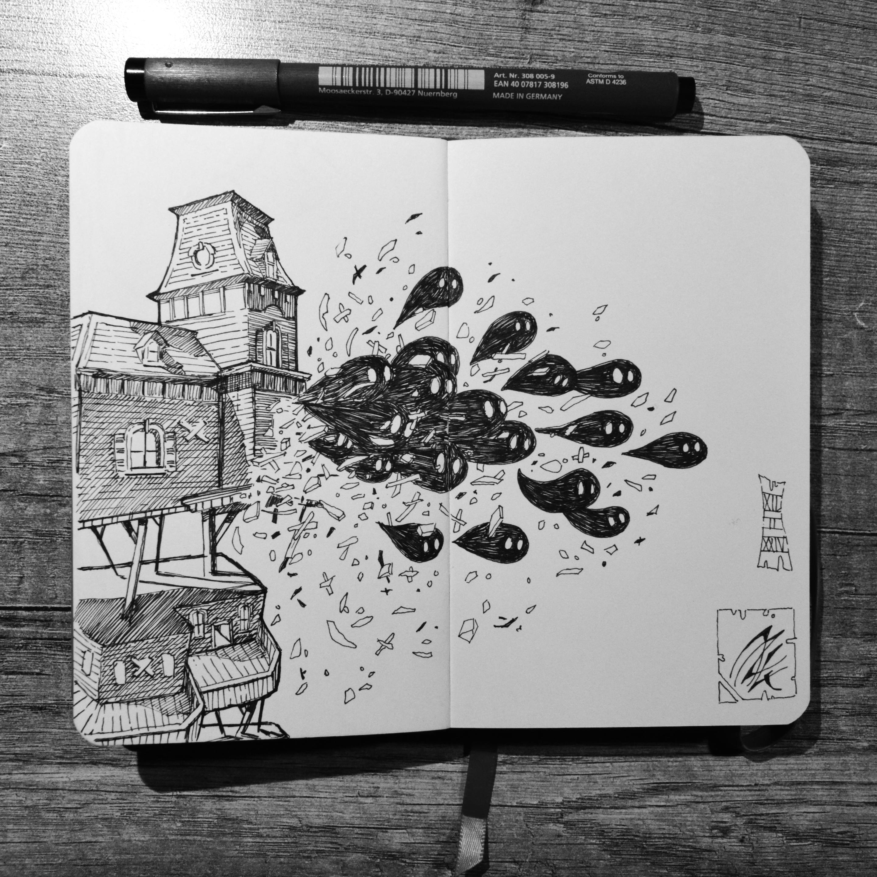 Dessin noir et blanc dans un petit carnet représentant un groupe de sombres créatures jaillissant d'une maison victorienne sur pilotis en fracassant les murs et les fenêtres