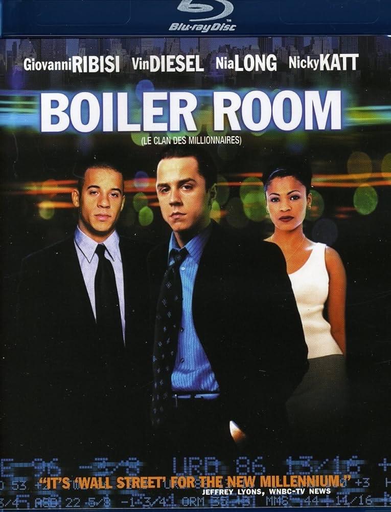 The image is a Blu-ray cover for the film "Boiler Room," featuring the main actors Giovanni Ribisi, Vin Diesel, Nia Long, and Nicky Katt. The title is prominently displayed, along with a quote describing the film as