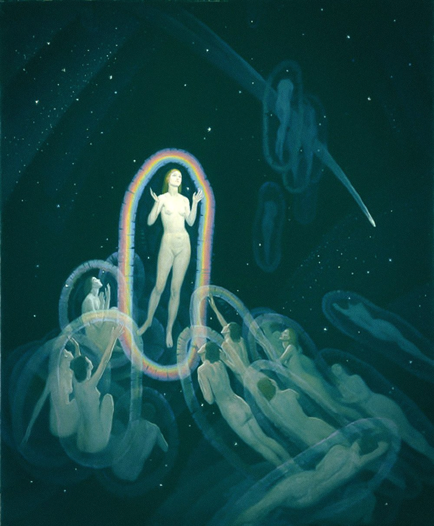 A surreal painting set against a dark starry night sky. A central, nude female figure floats upward, enclosed in a glowing, rainbow-bordered oval capsule. Below her, numerous other figures encapsulated in translucent, bubble-like pods swim or float upward toward her.