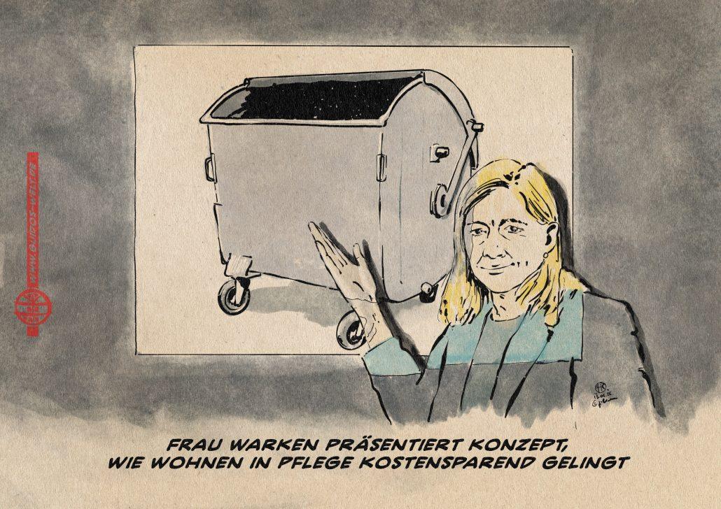Illustration von Frau Warken im Lichtgang einer Beamerprojektion. Sie präsentiert einen Müllcontainer. Textzeile: Frau Warken präsentiert Konzept, wie Wohnen in Pflege kostensparend gelingt