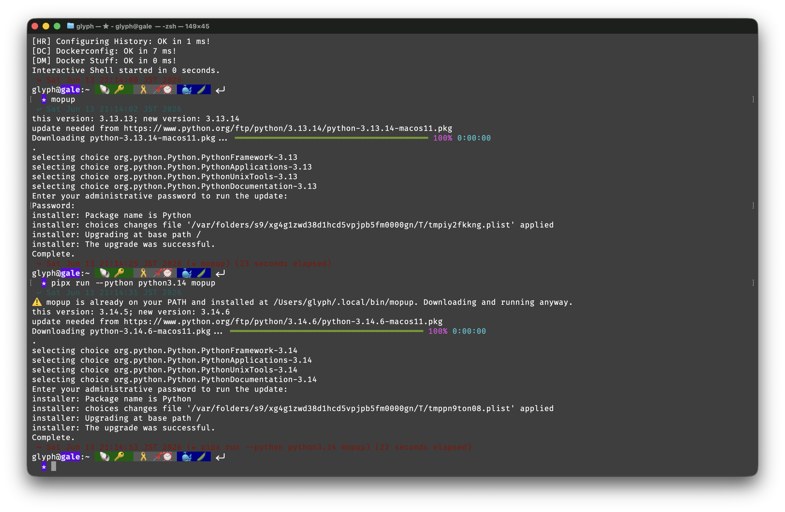 a screenshot of the macOS terminal running mopup and pipx run --python python3.14 mopup, upgrading Python from Python.org to 3.13.14 and 3.14.6 respectively