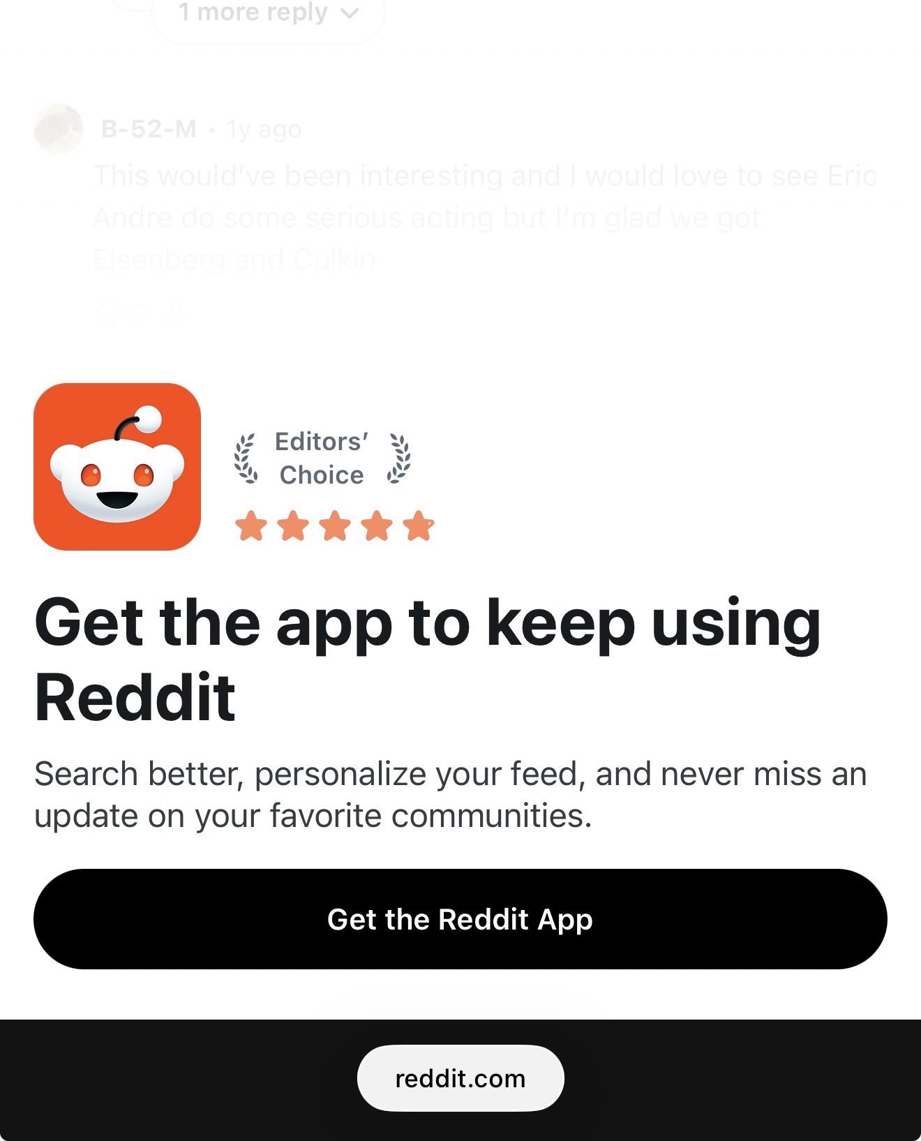 The image displays a promotional graphic for the Reddit app, featuring the Reddit logo, an "Editor's Choice" badge, a five-star rating, and a call to action encouraging users to download the app for personalized content and community updates.
