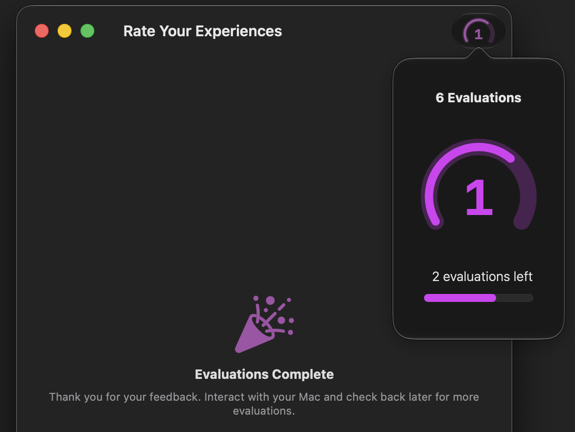 Evaluations complete - 2 evaluations left. 6 evaluations. (1) icon.