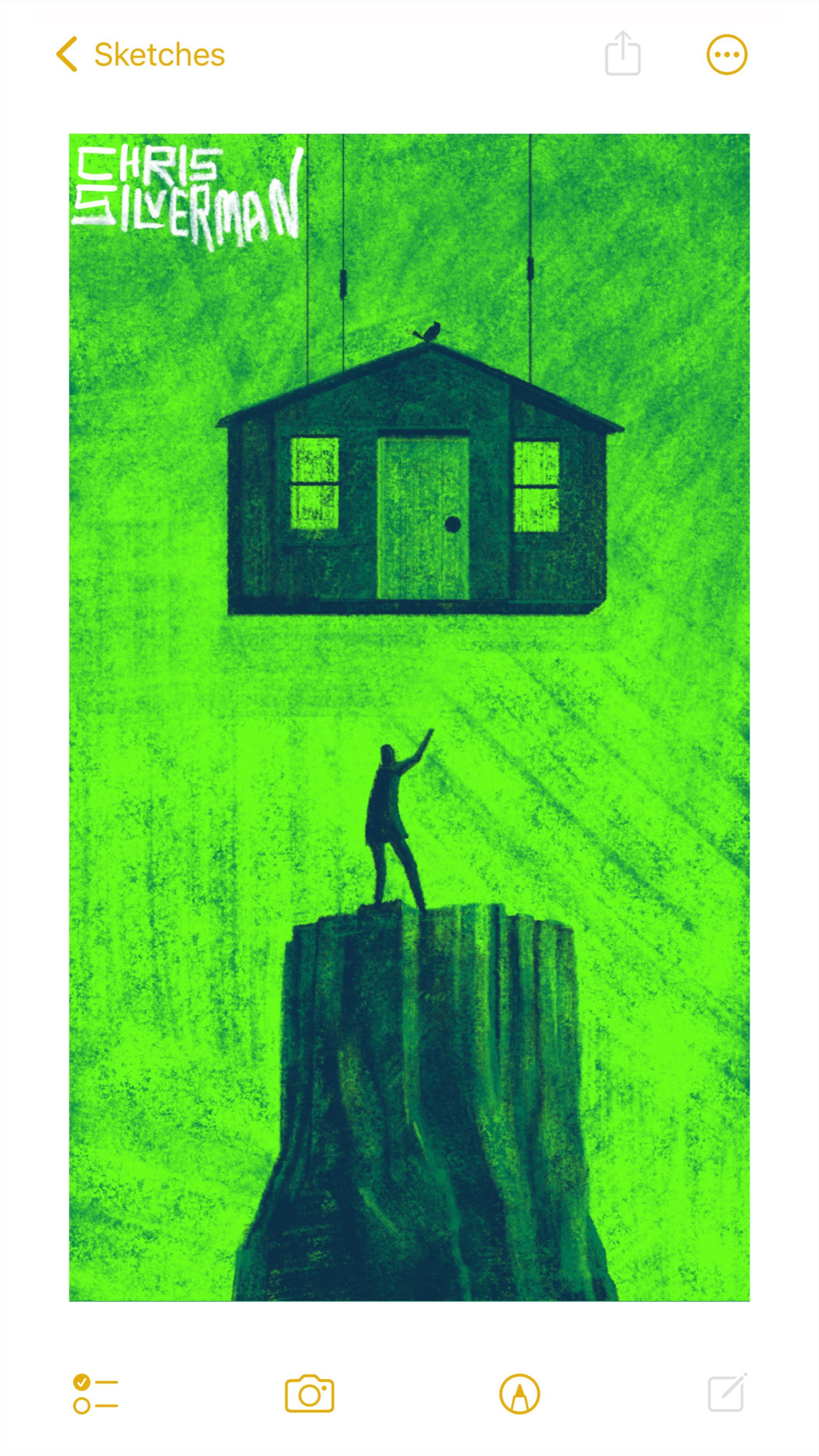 A person stands on a rocky promontory against a bright green sky. The promontory has straight sides and a flat top, almost like a pillar. Being lowered down onto the top of the promontory, from some unseen place, is a house that looks more like a façade: pointed roof, doors, and windows, but unnaturally flat. Below the house, a person stands on the promontory, gesturing towards the house. A small bird sits on top of the house. The painting is signed "Chris Silverman".