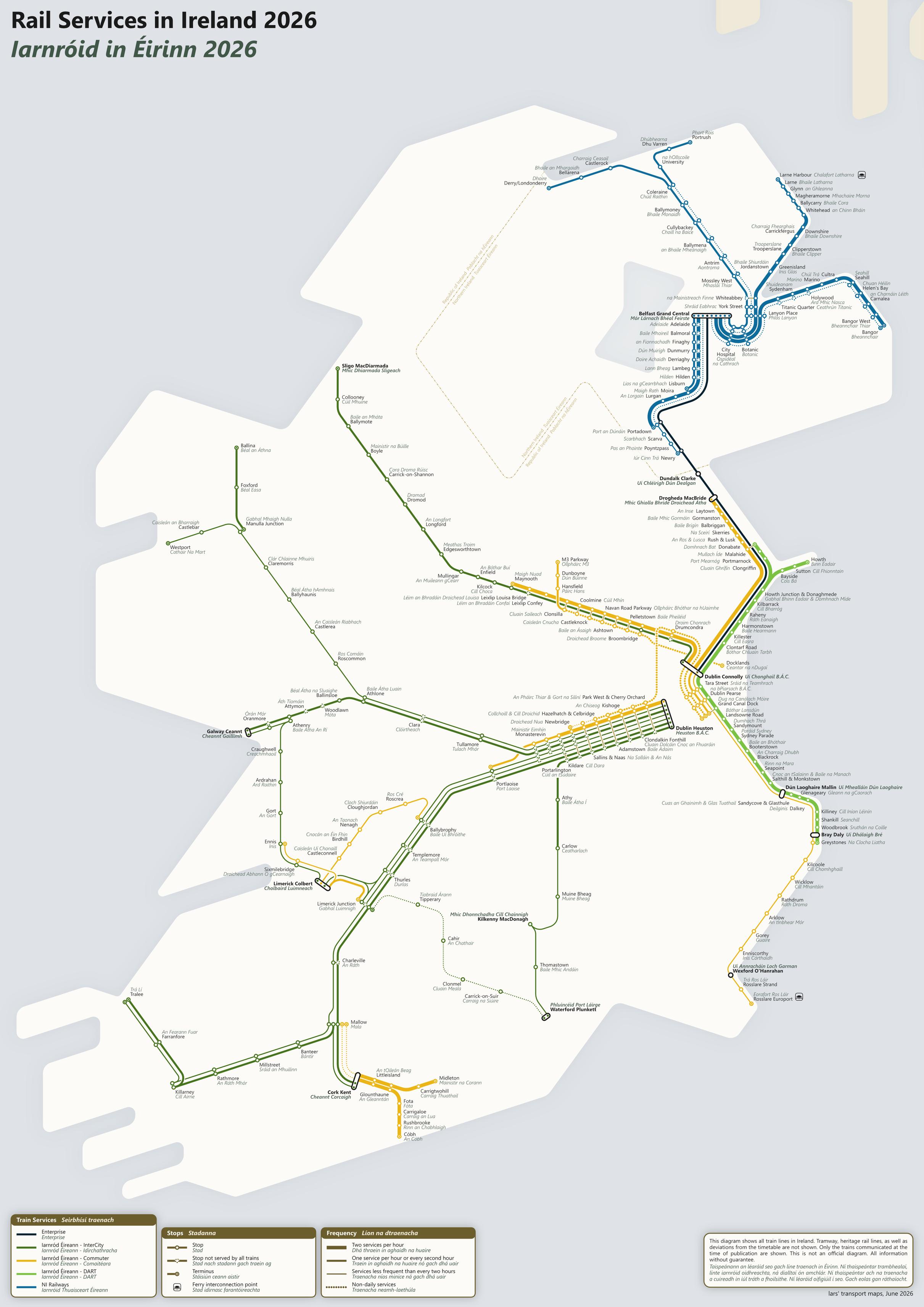 My rail network diagram of Ireland, mainly radial lines rooting in the heavily enlarged Dublin and Belfast areas on the east coast, 36°-grid structure, axis-symmetrical representation of the DART lines to Howth and Bray, the lines Dublin-Sligo and Dublin-Cork as well as Dublin-M3 Parkway and Dublin-Carlow (-Waterford), lines colours referring to the IE logo and NI railways logo