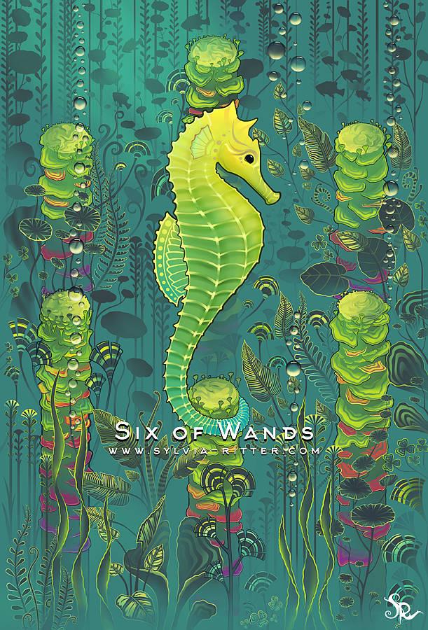 The Six of Wands card - https://www.deviantart.com/sylviaritter/gallery/65829864/tarot-deck. Part of my tarot deck in development. So far I've painted 47 cards. This card stands for victory, recognition, and fame. We see a seahorse enframed by six wands covered with underwater plants. Beautiful various green vegetation celebrates this powerful seahorse personality.