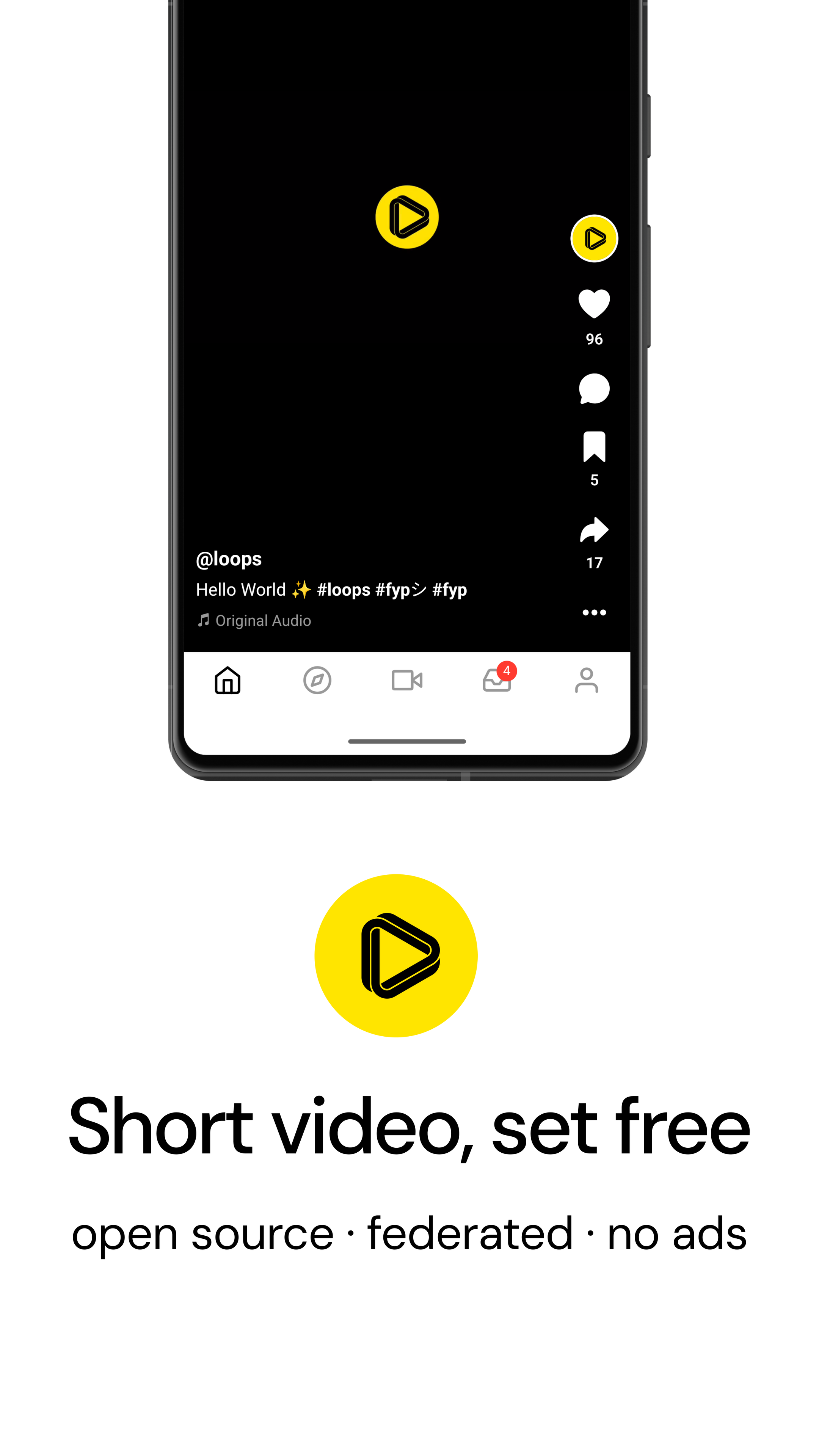 A portrait image with a white background that has a partial app screenshot of Loops on Android Following Feed that has the top cut off, and the Loops logo below, and a header that says "Short video, set free" and below it "open source . federated . no ads"