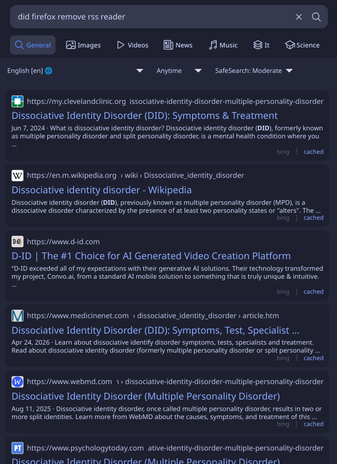 a screenshot of some search results from SearXNG, the search bar reads; "did firefox remove rss reader". The results are completely unrelated to the query.