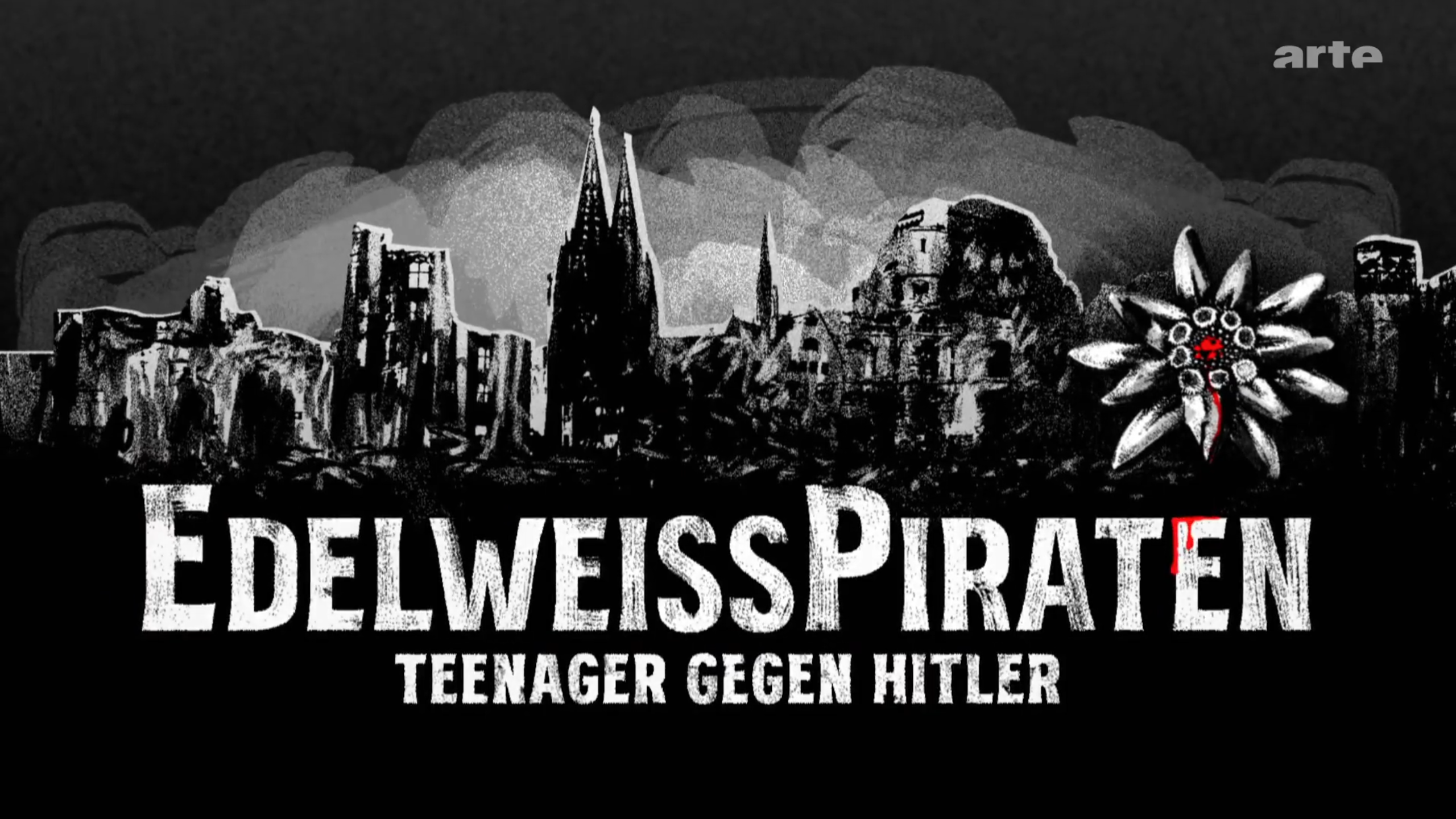 Vor dem Hintergrund der zerbombten Silhouette Kölns steht in weißen Lettern auf schwarzem Grund "EDELWEISSPIRATEN - TEENAGER GEGEN HITLER"