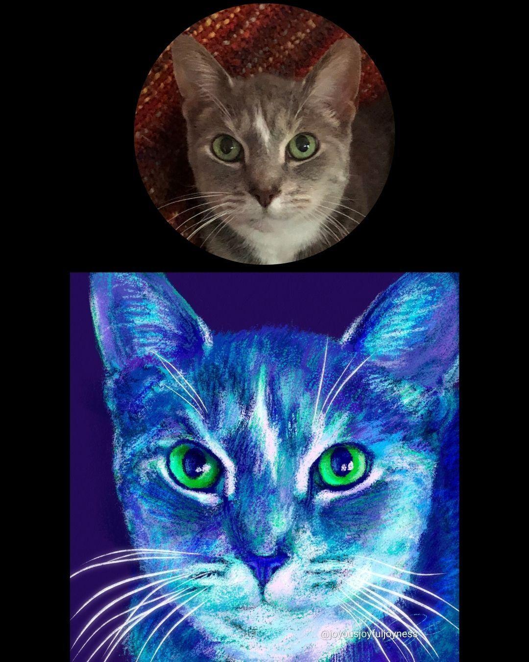 Photo of Slippers the cat in a circle at the top. Below is Slippers' portrait in blue and purple. The artist's signature and watermark are on the bottom right.