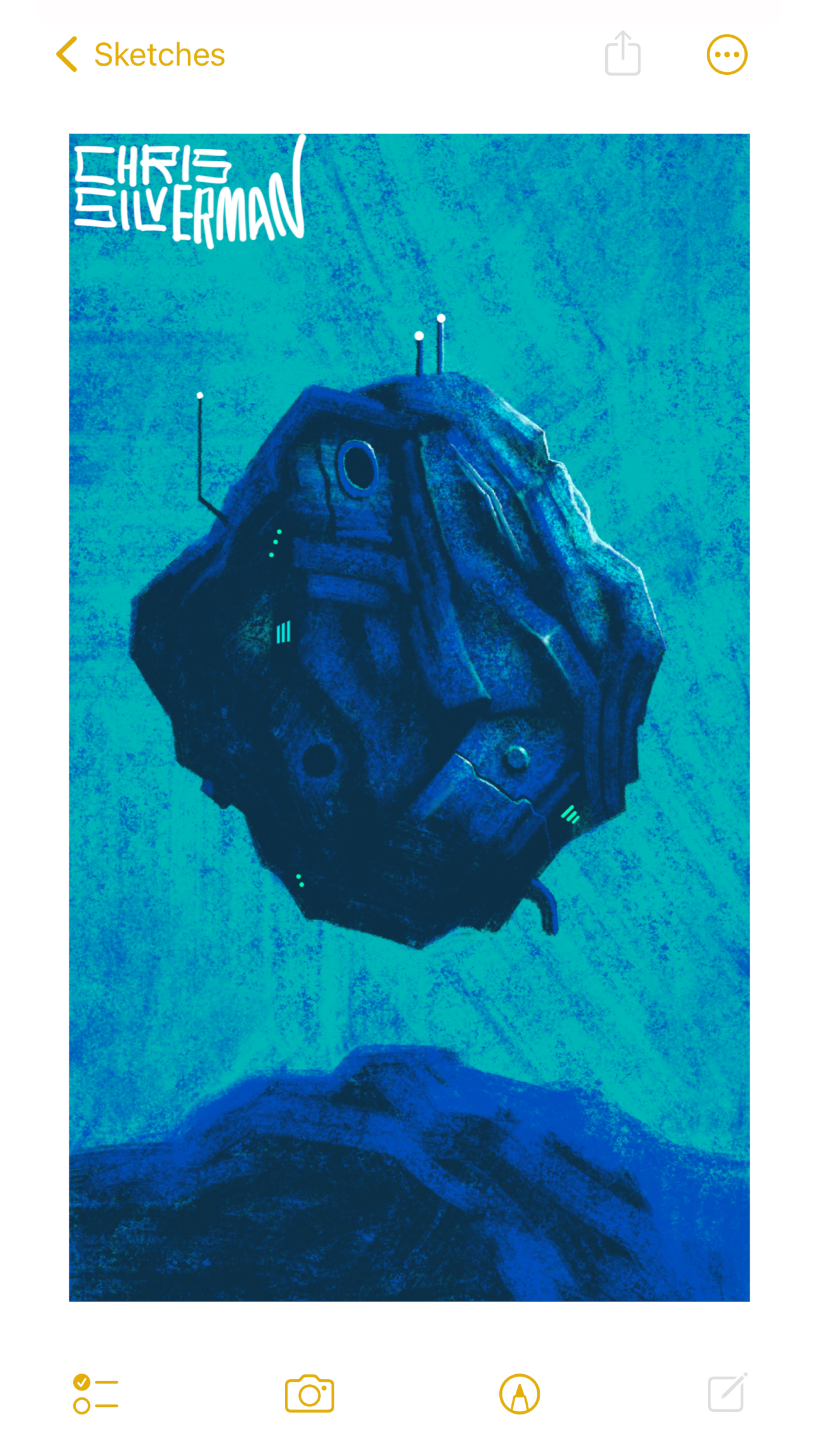 A bizarre object hovers above the rocky ground in a dull blue-green nether world. The object is dark blue, and looks like an asteroid made of rock and industrial garbage. It has craggy qualities, punctuated with holes, pipes, glowing green lights, and several antennae. The painting is signed "Chris Silverman".