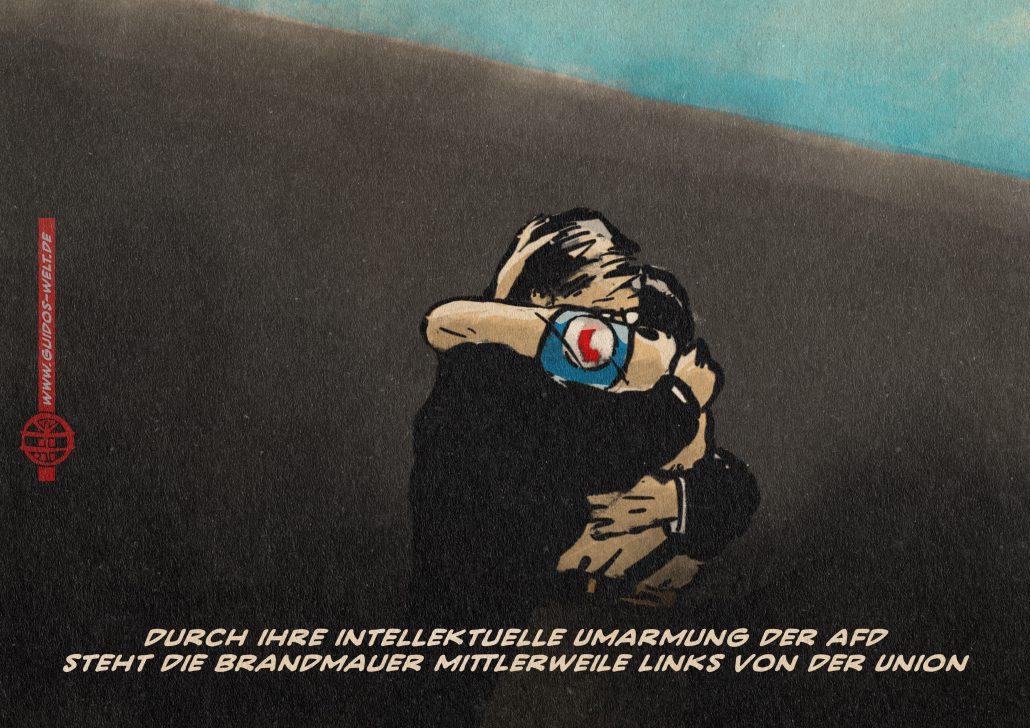 Illustration eines sich umarmenden Paares im Schatten einer hohen Mauer. Einer trägt einen Anzug, der/die andere eine braune Koppel-Uniform und Armband mit AFD-Logo. Textzeile: Durch ihre intellektuelle Umarmung der AfD steht die Brandmauer mittlerweile links von der Union.