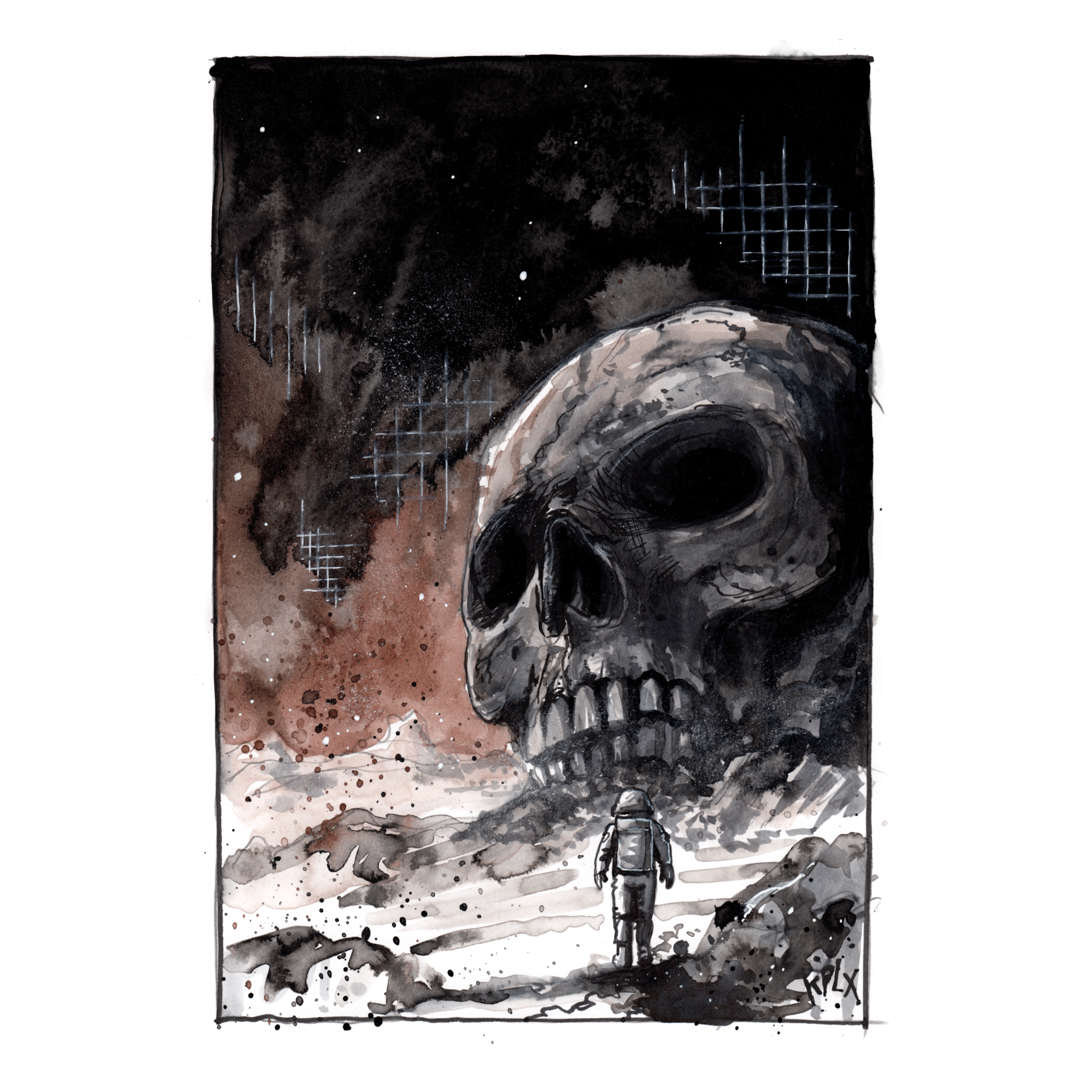 A high contrast A4 ink illustration depicts a lone astronaut standing in a barren, otherworldly landscape before the gigantic skull of an unknown creature. Black and sepia ink, splatters, and loose brushwork create a dark and mysterious atmosphere beneath a star filled sky.