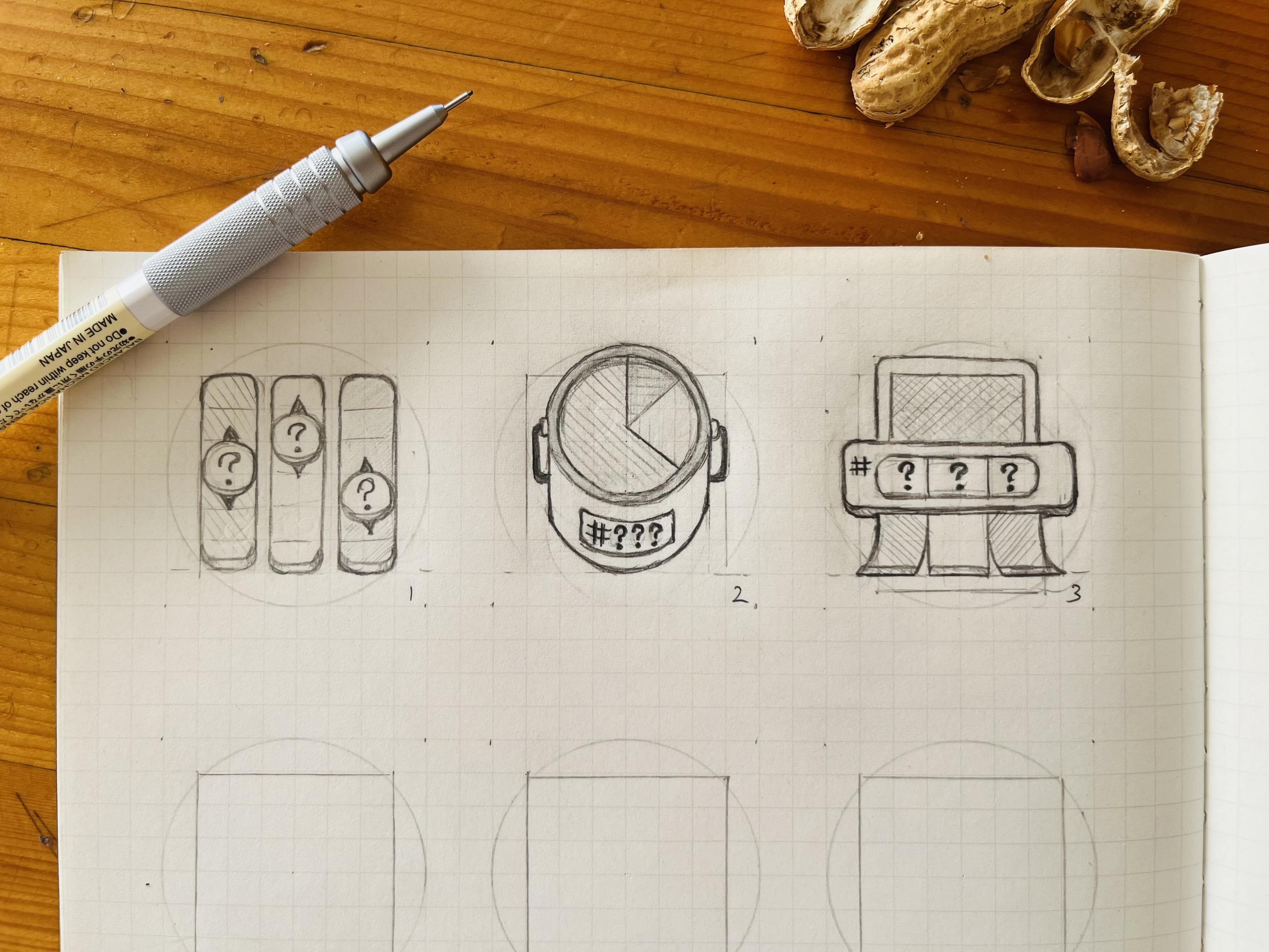 Closeup of a notebook with grid paper on a wooden table showing 3 pencil icon sketches:

1. three colour swatches standing vertically. Overlayed a circle with a "?" and up/down arrows on each.

2. top-down view of a paint bucket. the paint is divided up into three sections like a pie chart. The bucket has a label with text "#???"

3. a coloured paper being fed through a kind of slot machine with three "?". at the bottom 3 smaller strips with component colours fan out.