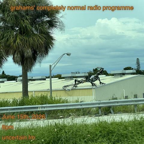 Creepy metallic lizard on the roof of a building, Palm tree to the left of frame.

Orange text overlaid promoting a radio show, details in the main post.