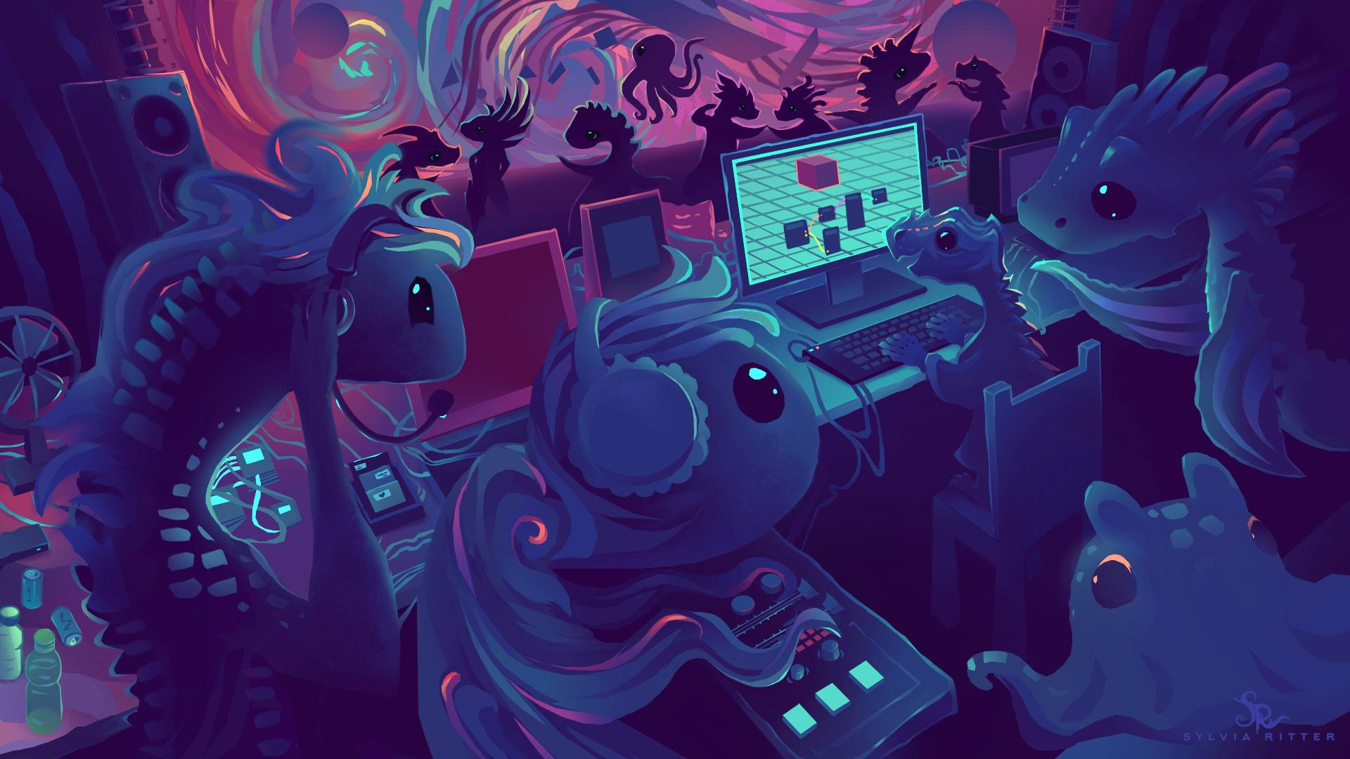 A little homage to the demoscene, https://en.wikipedia.org/wiki/Demoscene, one could say. :)
In front we can see tables and computer equipment (different kinds of computers, a fan, drinks, snacks, lots of cables, keyboards. Five diverse looking, some of them ocean inspired, party people focus on one particular PC screen. It belongs to one of them demonstrating a demo tool. The others are making music with their synthesizer, giving feedback, listening to party announcements with a headset (probably a party organizer) and the shy little one in the right corner is trying its best to participate. 
To make the background more lively, I added dancing creatures/aliens in front of the big screen that shows abstract and colorful patterns (probably a demo production from one of the party visitors),. Party speakers are bringing powerful music to the dance floor and everybody is having a great time.
We had 24 hours to finish the artwork (including sleep and breaks).
Many thanks to my wonderful friend and illustrator mouldyCat for providing the chaos picture paintover.3eyed.net/.

https://www.deviantart.com/sylviaritter/art/Finishing-Touches-1345556560