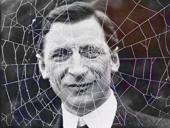 Full face portrait of Eamon de Valera, behind a spider web