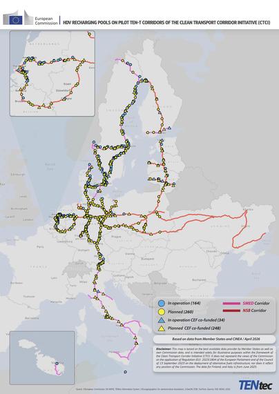 This map shows planned and installed truck charging points along the Scandinavian–Mediterranean and North Sea–Baltic corridors