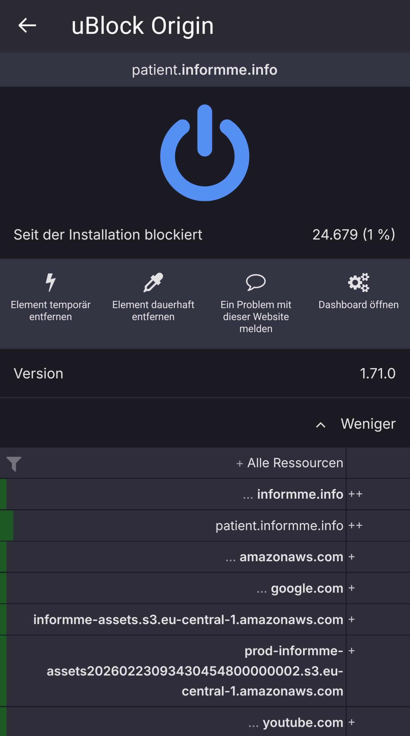 Screenshot von uBlock origin mit der Analyse der Webseite Patient.informme.info