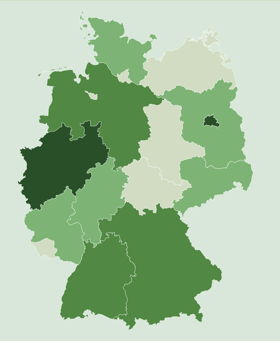 Karte der Bundesrepublik mit grün gefärbten Bundesländern, wenn diese über 50 Teilnehmer*innen haben.