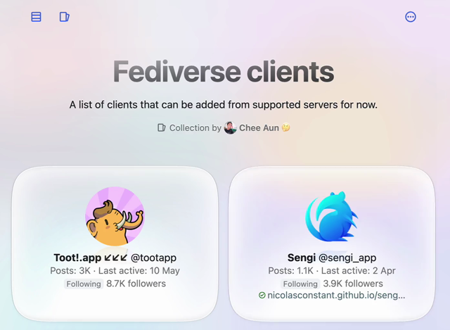 Cursor hovering over accounts on the "Fediverse clients" collection page