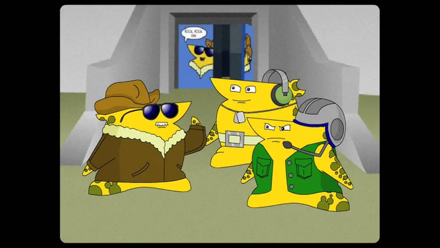 Cheat Commandos: Characters shaped sort of like a cross between a cheese and an anvil with stubby limbs. One is wearing an Indiana Jones style outfit. The other two have vaguely military gear.