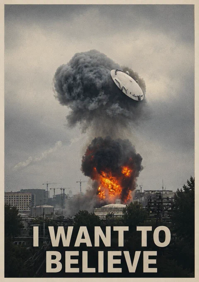 Photo of a massive explosion of, apparently, a fuel tank, which made its lid fly into the air, looking a lot like the typical saucer-like UFO.

Below, the words "I WANT TO BELIEVE".