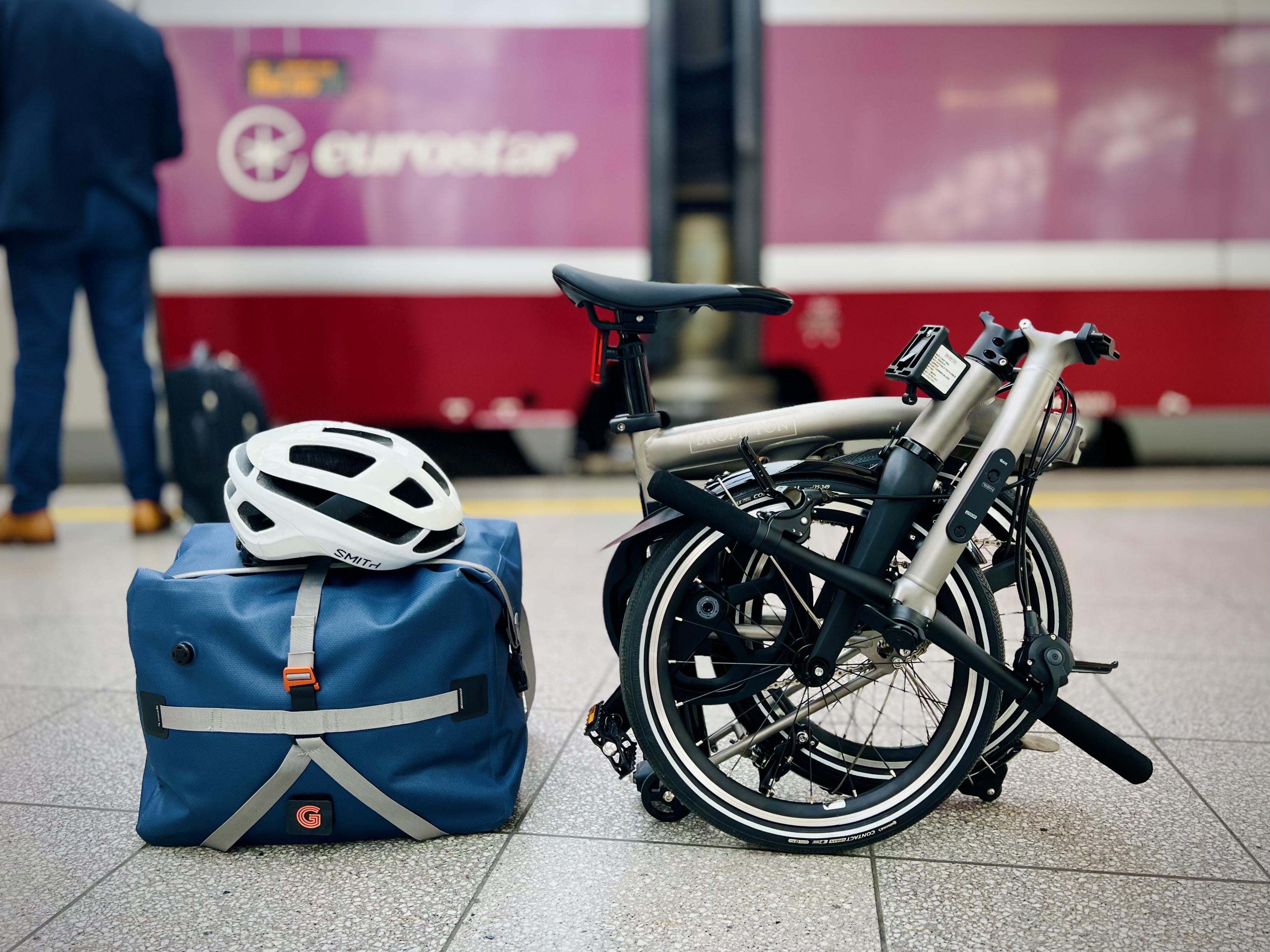 My new Brompton folded with my front bag on the Eurostar
