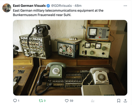 East German Visuals £2 @GDRvisuals - 48m 
East German military telecommunications equipment at the
Bunkermuseum Frauenwald near Suhl.
(shows three old dial telephones, and an assortment of technical stuff.
