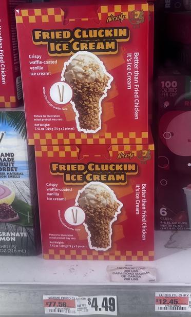 Picture of two boxes of “fried cluckin ice cream” sitting on a shelf in a freezer at Price-Rite

Crispy waffle-coated vanilla ice cream!

White chocolate wafer core

“Picture for illustration
Actual product may vary” (yeah, I bet 😂)

“Better than Fried Chicken its Ice Cream”