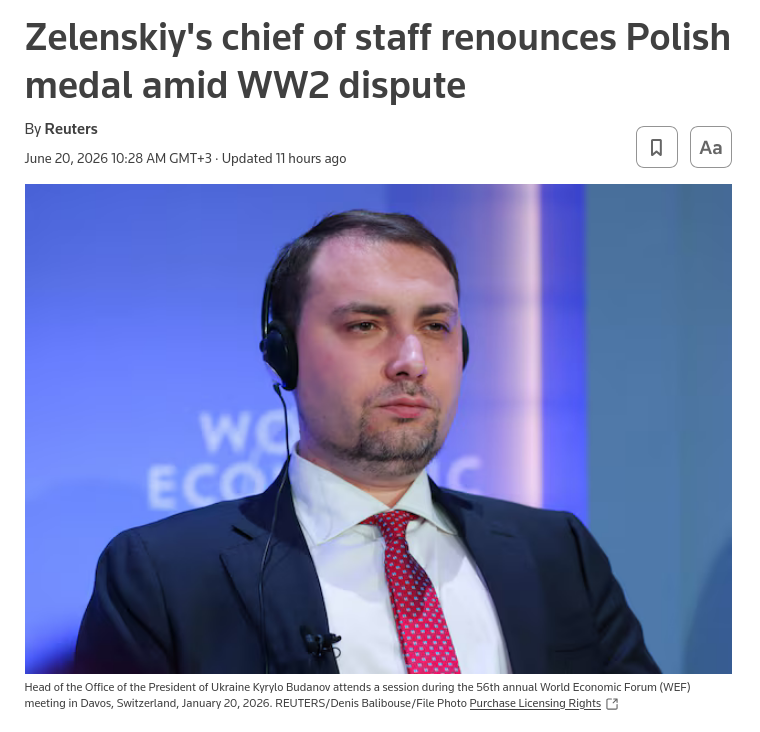 President Volodymyr Zelenskiys chief of staff said on Saturday he was renouncing a Polish state medal after President Karol Nawrocki stripped Zelenskiy of Polands top honour over a historical dispute. #Russia #EU #Poland #Budanov