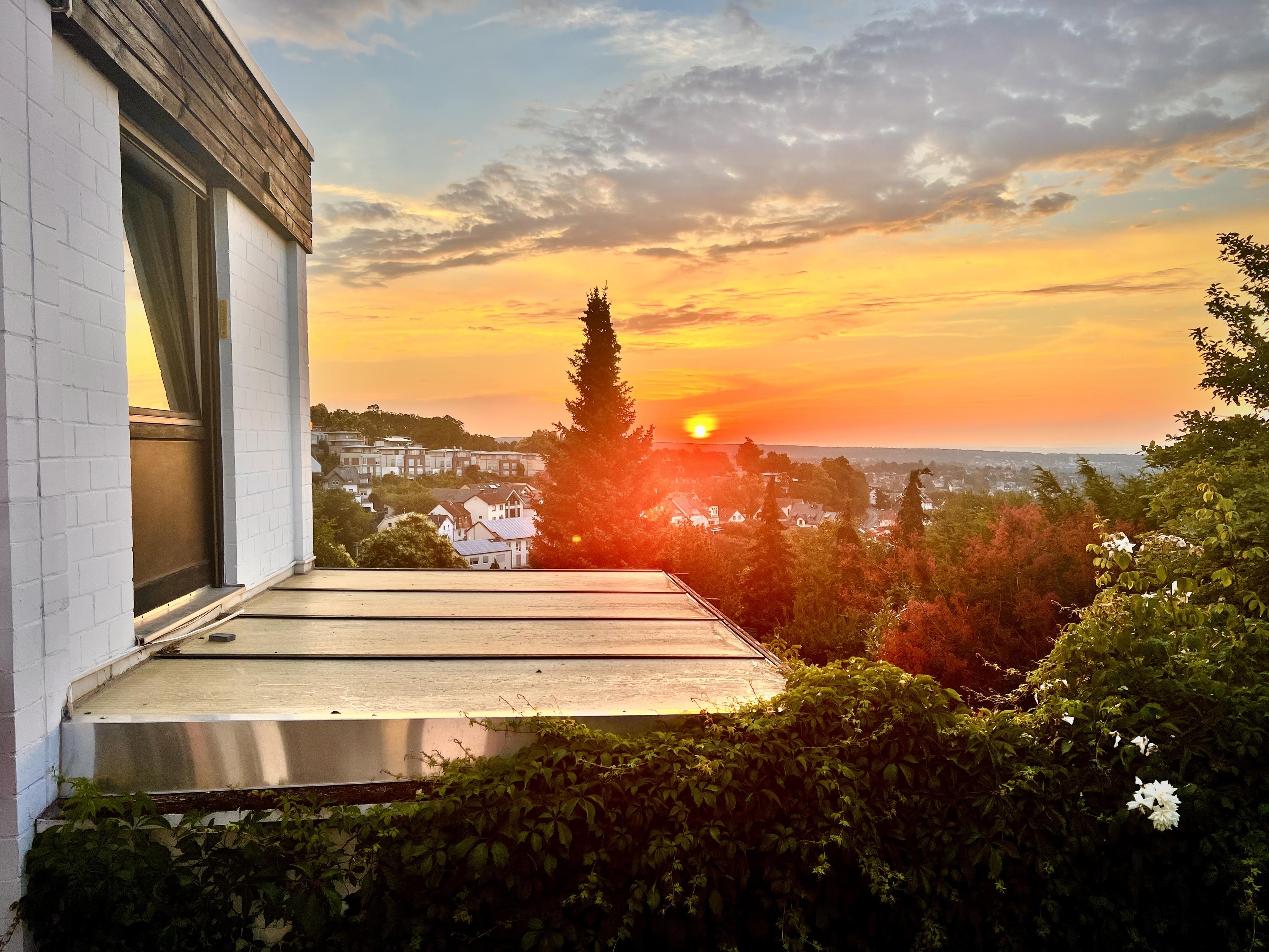 A warm sunset view from a terrace. In the foreground, a light-colored building wall and a flat wooden deck stretch out from the left side, with leafy bushes framing the bottom edge. The middle distance shows a neighborhood of white and light-roofed houses nestled among green trees.

The sky dominates the image: the sun sits low near the horizon, casting strong golden-orange light and a vivid glow through the treetops. Distant land and a hazy skyline fade into the background under colorful clouds.