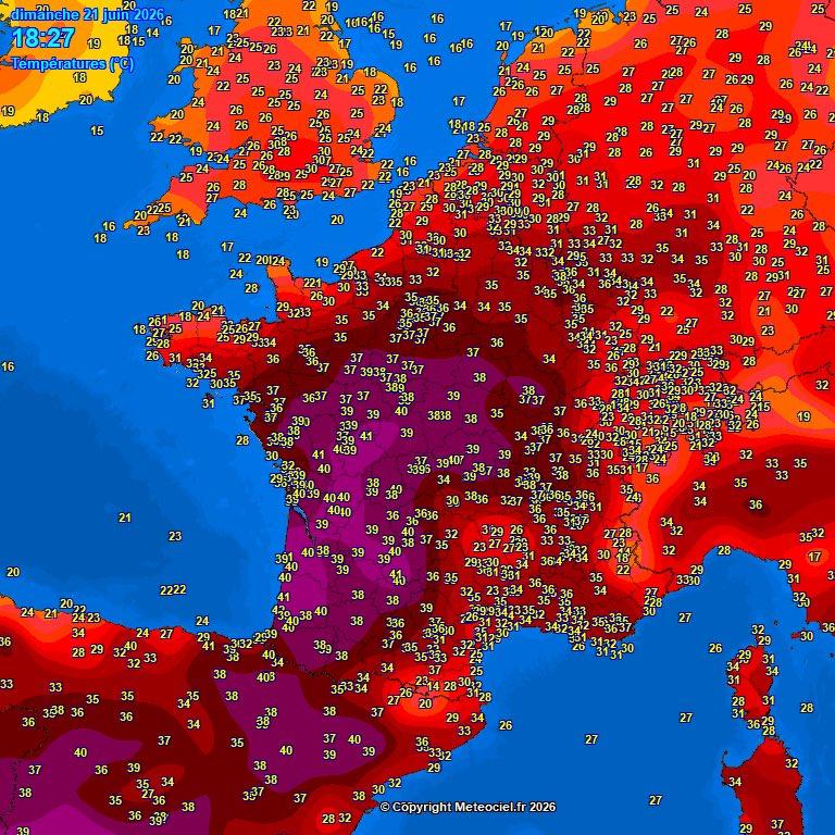 Temperaturkarte von Meteociel.fr, tiefrot bis violett, Temperaturen in Westfrankreich oft über 40 Grad. Sonntag 21.06., 18:27 Uhr.