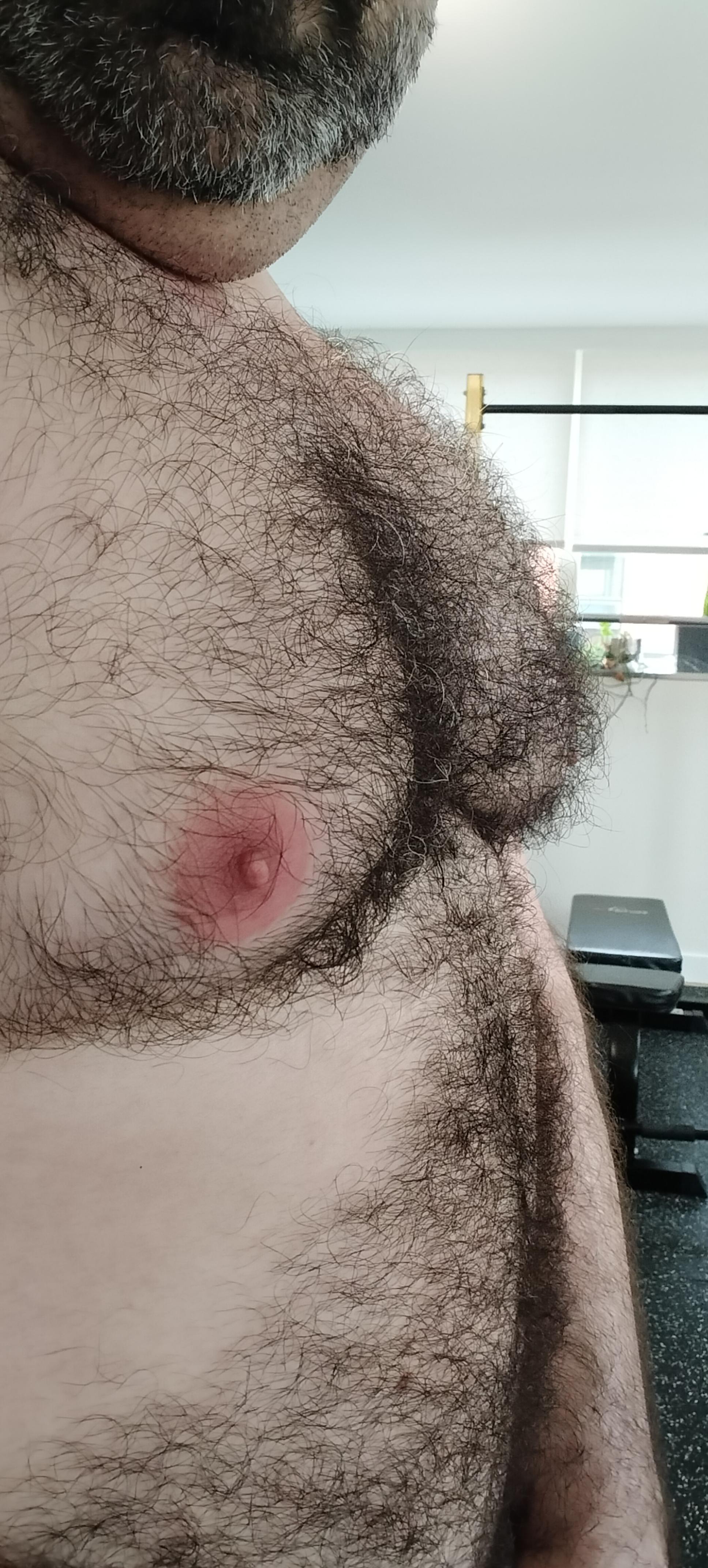 Tight view of my side chest, with light from a background window