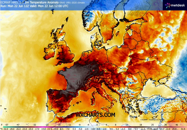 Animated ECMWF forecast map of Europe showing the 2-metre temperature anomaly from 22 to 29 June 2026. A strong warm anomaly — locally more than 18 °C above the 1991–2020 average — builds over western Europe, then expands and migrates eastward, peaking over Poland, Germany and the Baltic region by 29 June, while the UK and Ireland turn cooler than average.