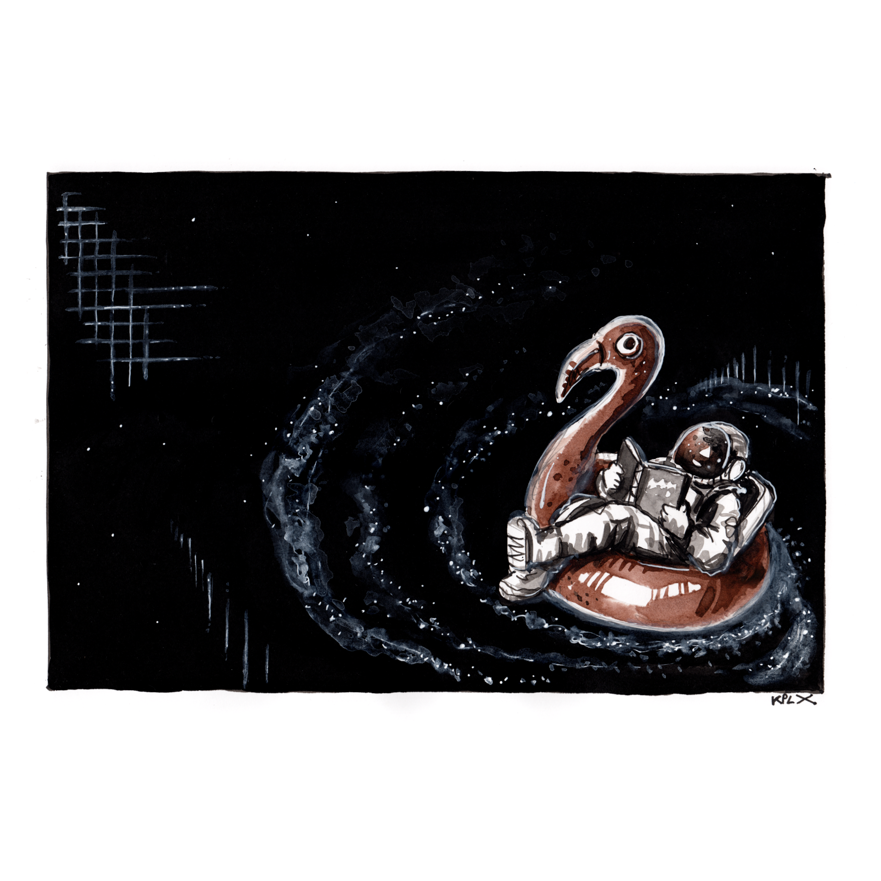 DE (ALT-Text):

Eine Tuschezeichnung in Schwarz und Sepia zeigt einen Astronauten, der auf einem aufblasbaren Flamingo sitzt und ein Buch liest. Der Flamingo treibt durch den dunklen Weltraum, während helle, wirbelnde Spuren aus Sternenstaub hinter ihm herziehen und an Wellen erinnern.

EN (ALT Text):

An ink illustration in black and sepia shows an astronaut sitting on an inflatable flamingo while reading a book. The flamingo drifts through deep space, leaving bright swirling trails of stardust behind it that resemble waves.