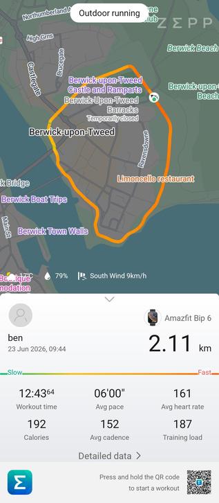 Workout report of a 2.1km run round the walls of Berwick in (just) less than 13 minutes
