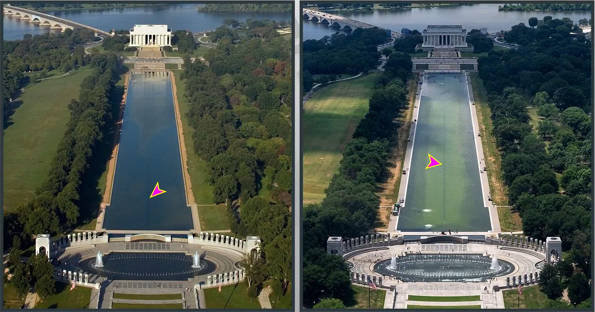 Trump's "proof" the Reflecting Pool was sabotaged is a line clearly visible PRIOR to when he himself sabotaged it.