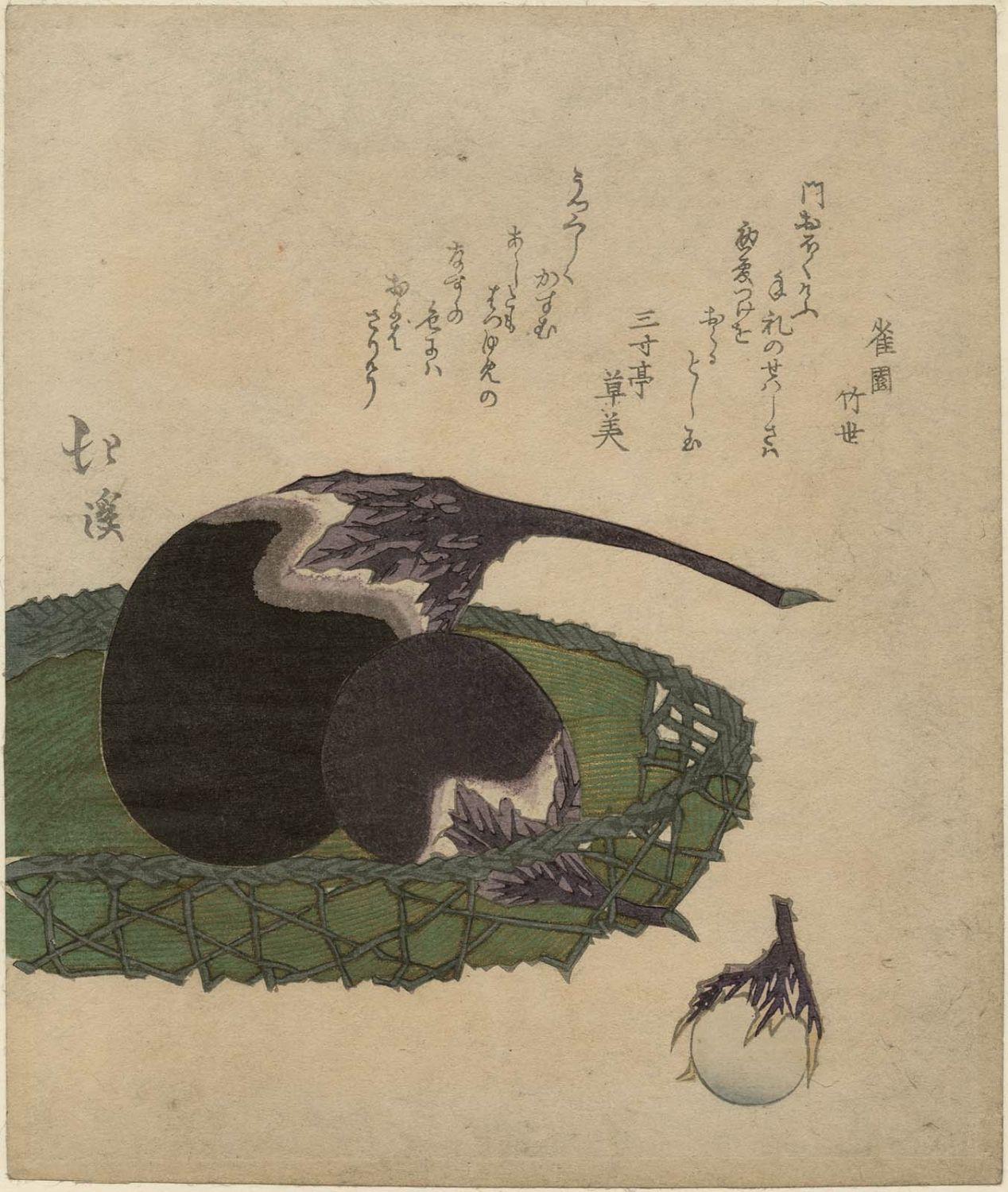 Woodblock print of eggplants.

Image thanks - https://ja.ukiyo-e.org/