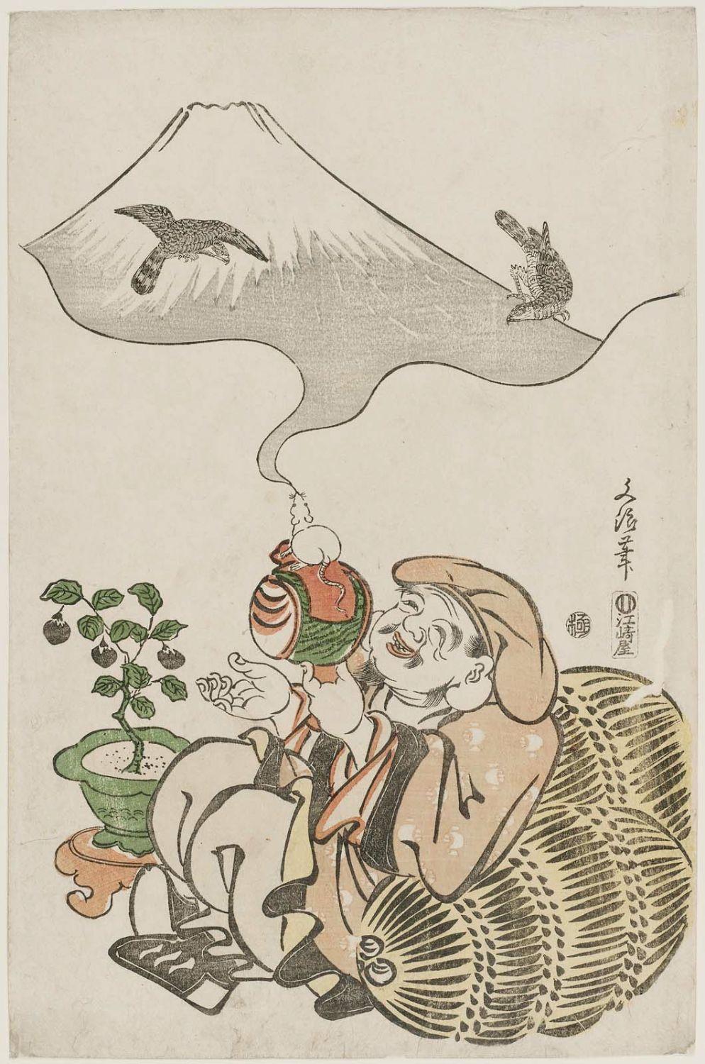 Woodblock print of Daikokuten with eggplants, Mt Fuji and hawks...all these symbols are lucky, but dreaming of any of the last three items at New Year's is especially lucky.

Image thanks - https://ja.ukiyo-e.org/