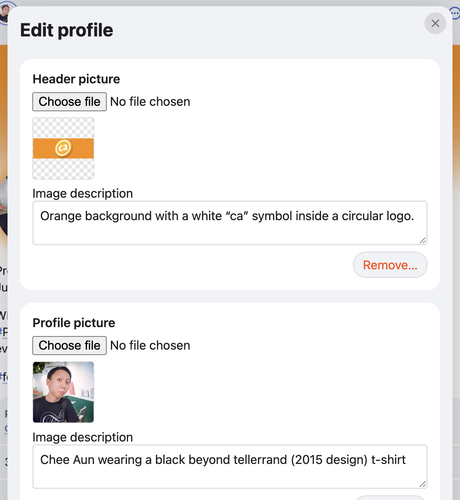 Edit profile dialog showing header and profile picture upload fields with image previews and description text boxes.