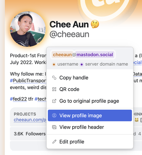 Profile page for "Chee Aun" with a dropdown menu open showing options like "View profile image" and "View profile header".