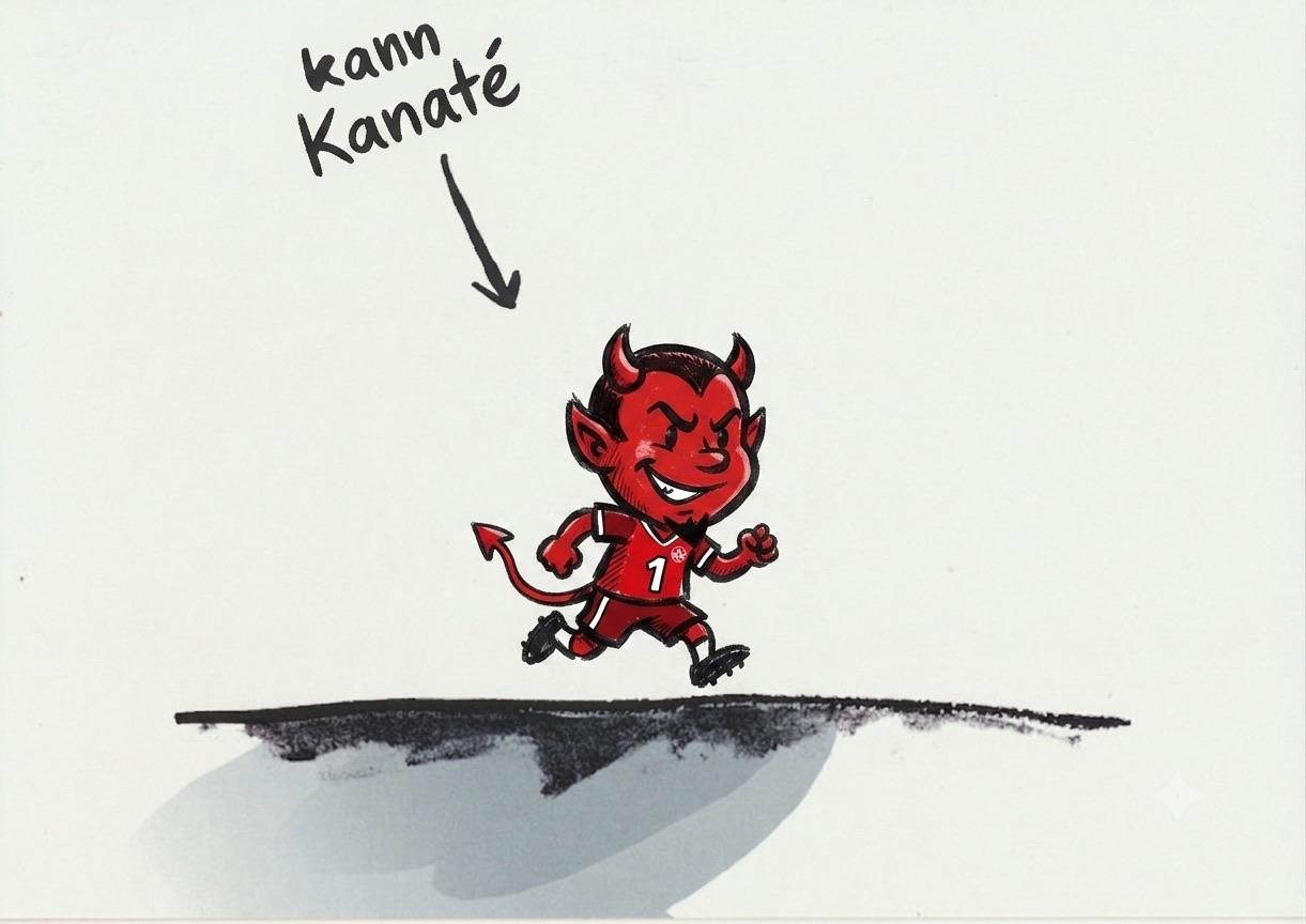 ein kleiner gezeichneter roter teufel läuft. von oben wird per pfeil und darüber liegendem „kann kanaté“ bezug auf ihn genommen. der hintergrund ist hell und einfach.