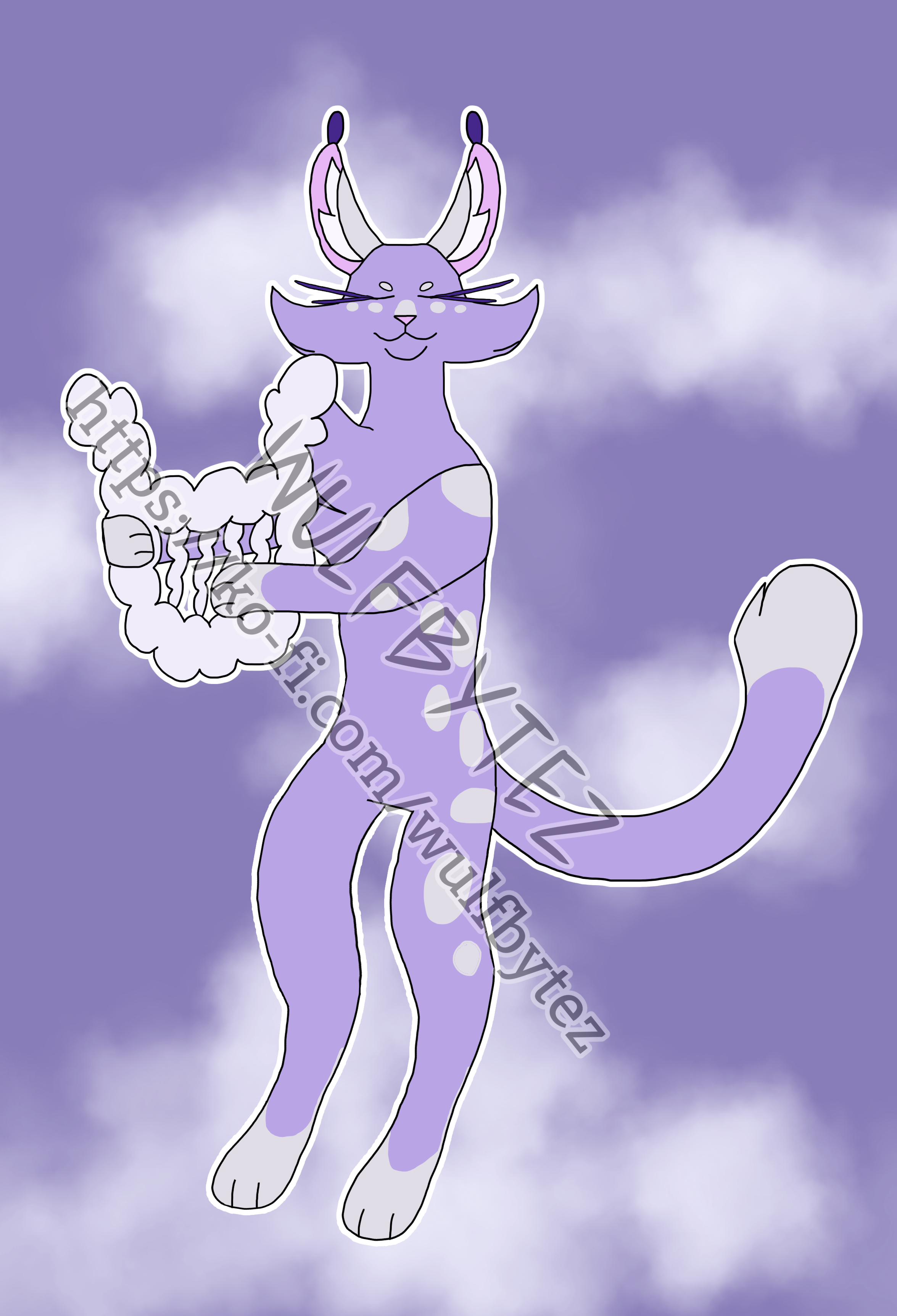Drawing of a feline floating in the clouds while holding a cloud harp