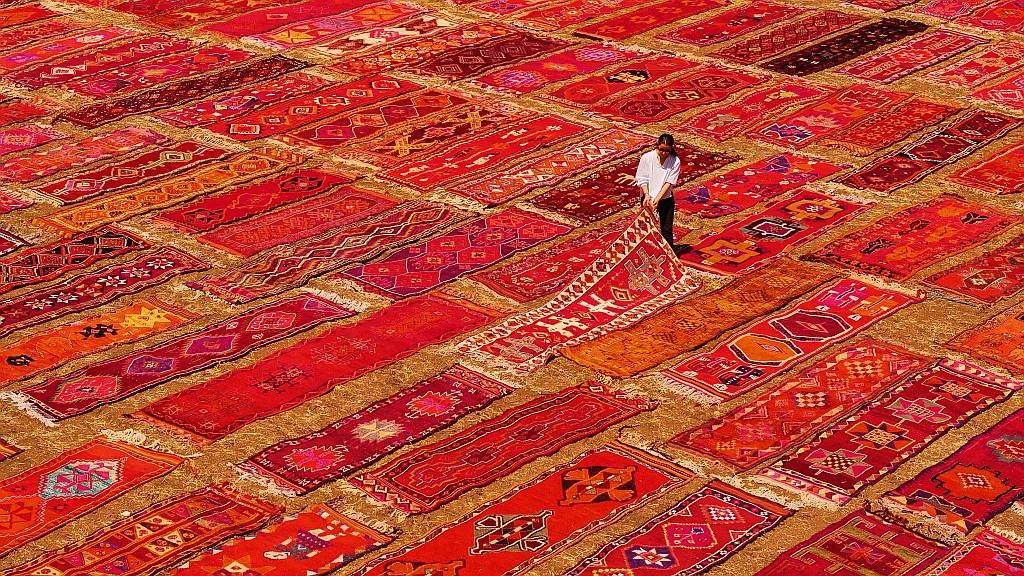 A vibrant, high-angle shot showing hundreds of traditional hand-woven Turkish carpets and kilims laid out side-by-side across a massive outdoor field under bright sunlight. The carpets are arranged in neat, repeating rows, creating a sprawling mosaic dominated by rich shades of red, crimson, orange, and purple, each featuring intricate geometric and tribal patterns.

Slightly to the right of the center, a lone person dressed in a white shirt and dark pants stands amidst the sea of textiles, bending down to carefully lift and adjust the corner of one of the long rectangular carpets. The dry, golden-brown earth of the field is visible only in the narrow gaps between the tightly packed rugs, stretching across the entire frame.