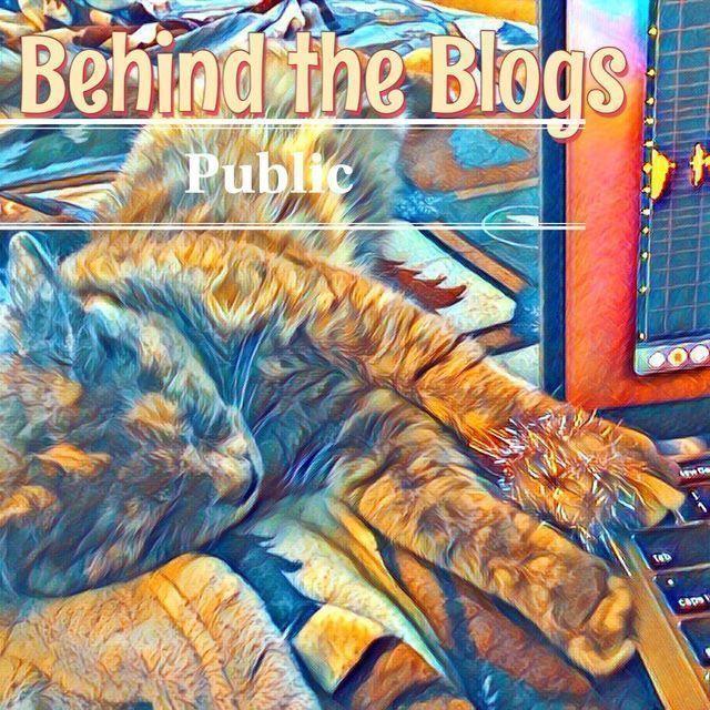 A dilute tortoiseshell kitten is outstretched on a blanket with her paws, ' touching the visible left edge of an open laptop, with sound waves growing across the screen, all of the colors in the photo enhanced with extra saturation. Yellow text across the top reads "Behind the Blogs Public.