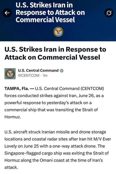 US centcom communication about strikes on Iran