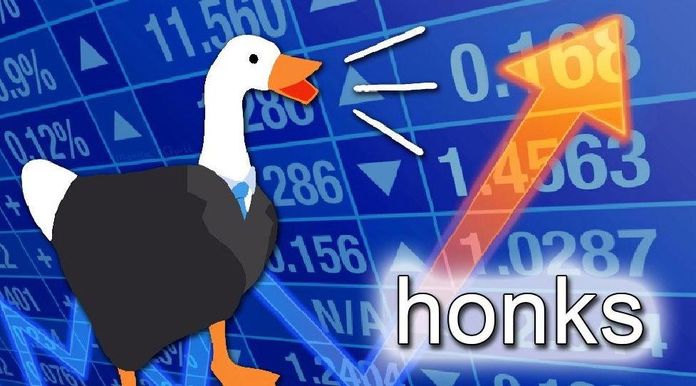 A version of the "stonks" meme. A cartoon goose in a business suit and tie stands in front of a stock image of an arrow trending upwards, in front of many stock tickers. A caption on the image reads "honks".